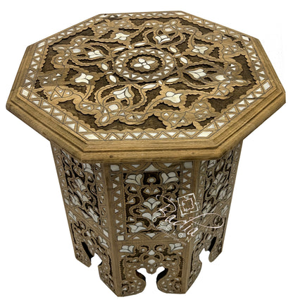 Light Stained Moroccan Side Table with Mother of Pearl Inlay
