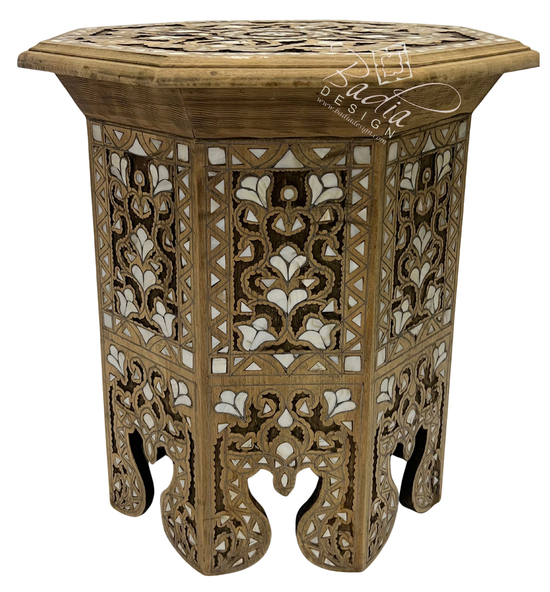 Light Stained Moroccan Side Table with Mother of Pearl Inlay Closeup