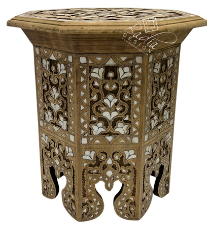 Light Stained Moroccan Side Table with Mother of Pearl Inlay Closeup