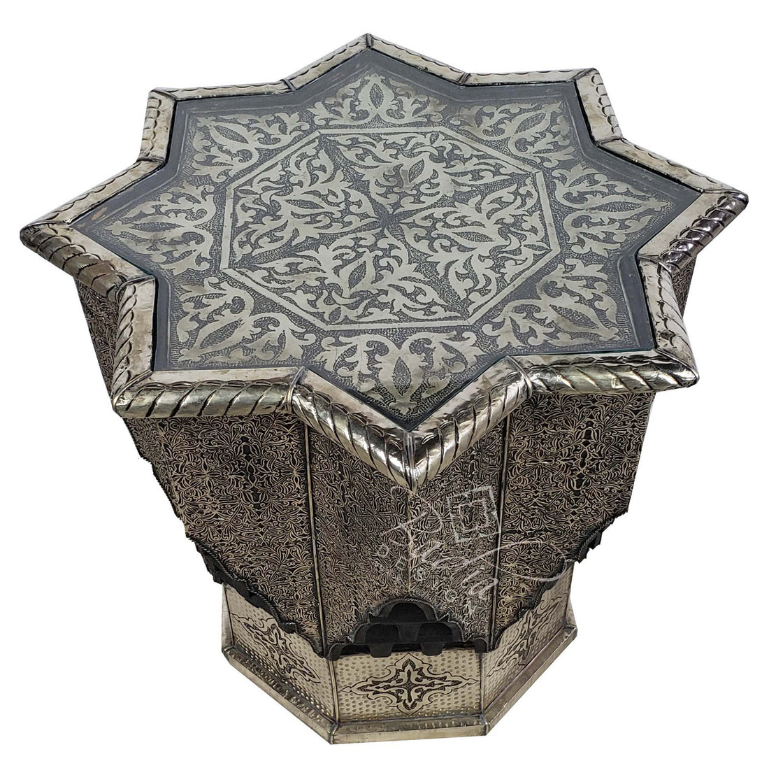 Silver Embossed Nickel Star Table with Glass Top