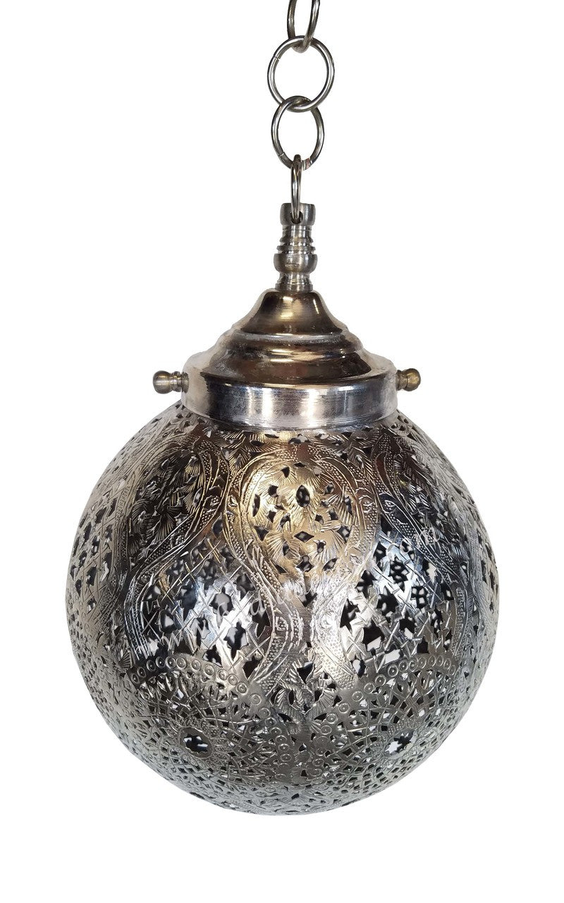 Decorative silver pendant light with intricate patterns on a white background