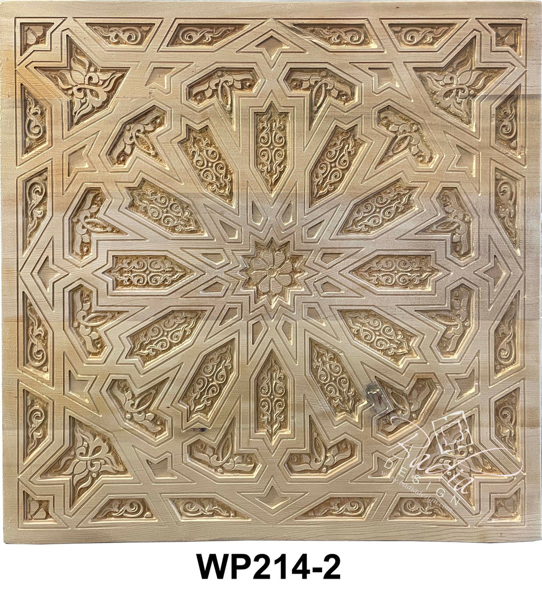 Decorative wooden panel with intricate geometric pattern and &