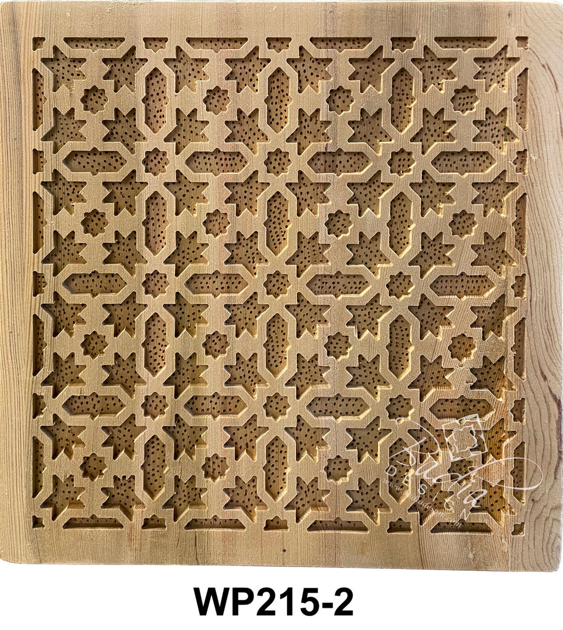 Wooden panel with intricate geometric lattice pattern and &