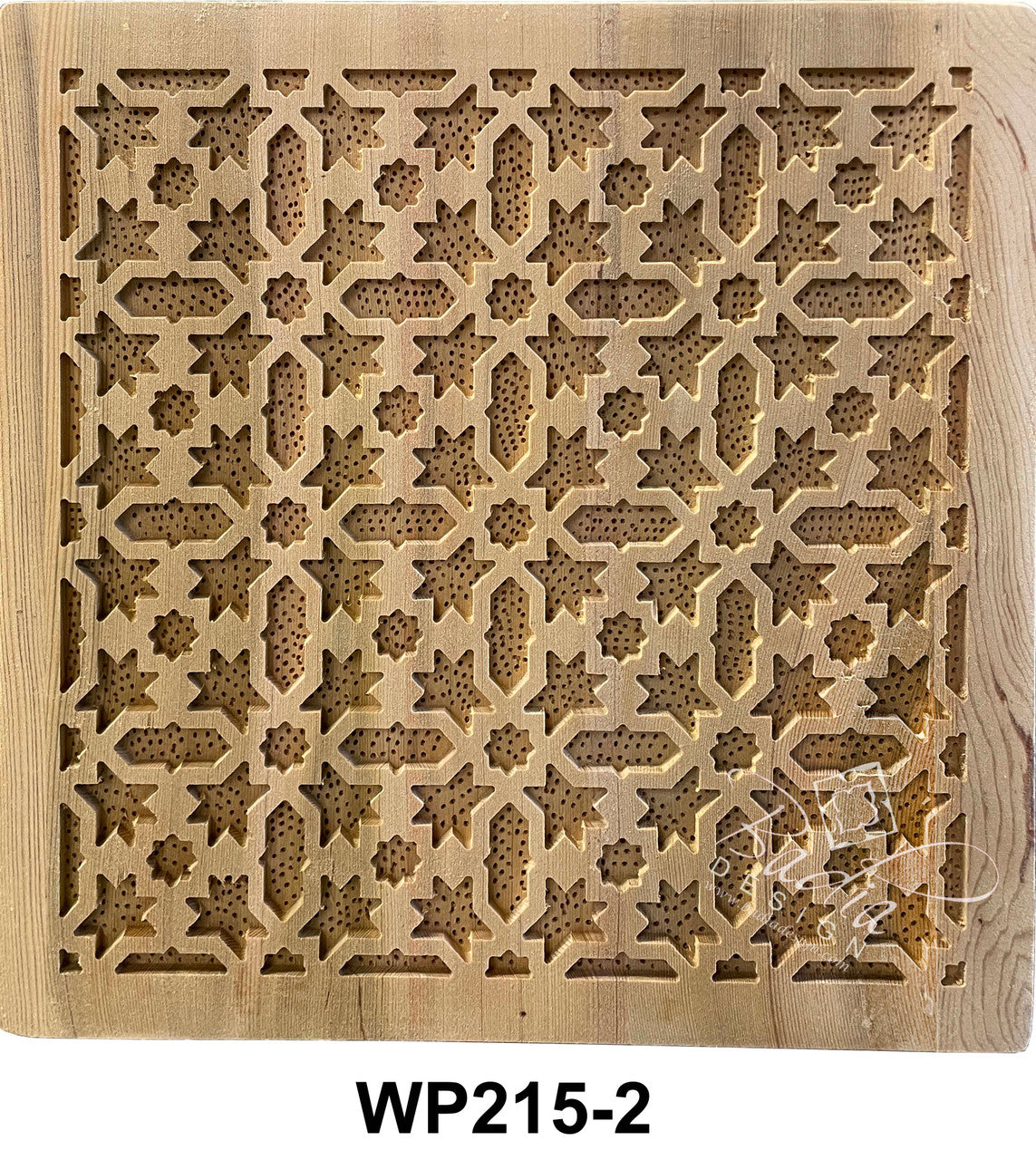 Wooden panel with intricate geometric lattice pattern and &