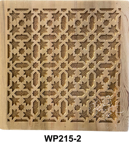 Wooden panel with intricate geometric lattice pattern and &
