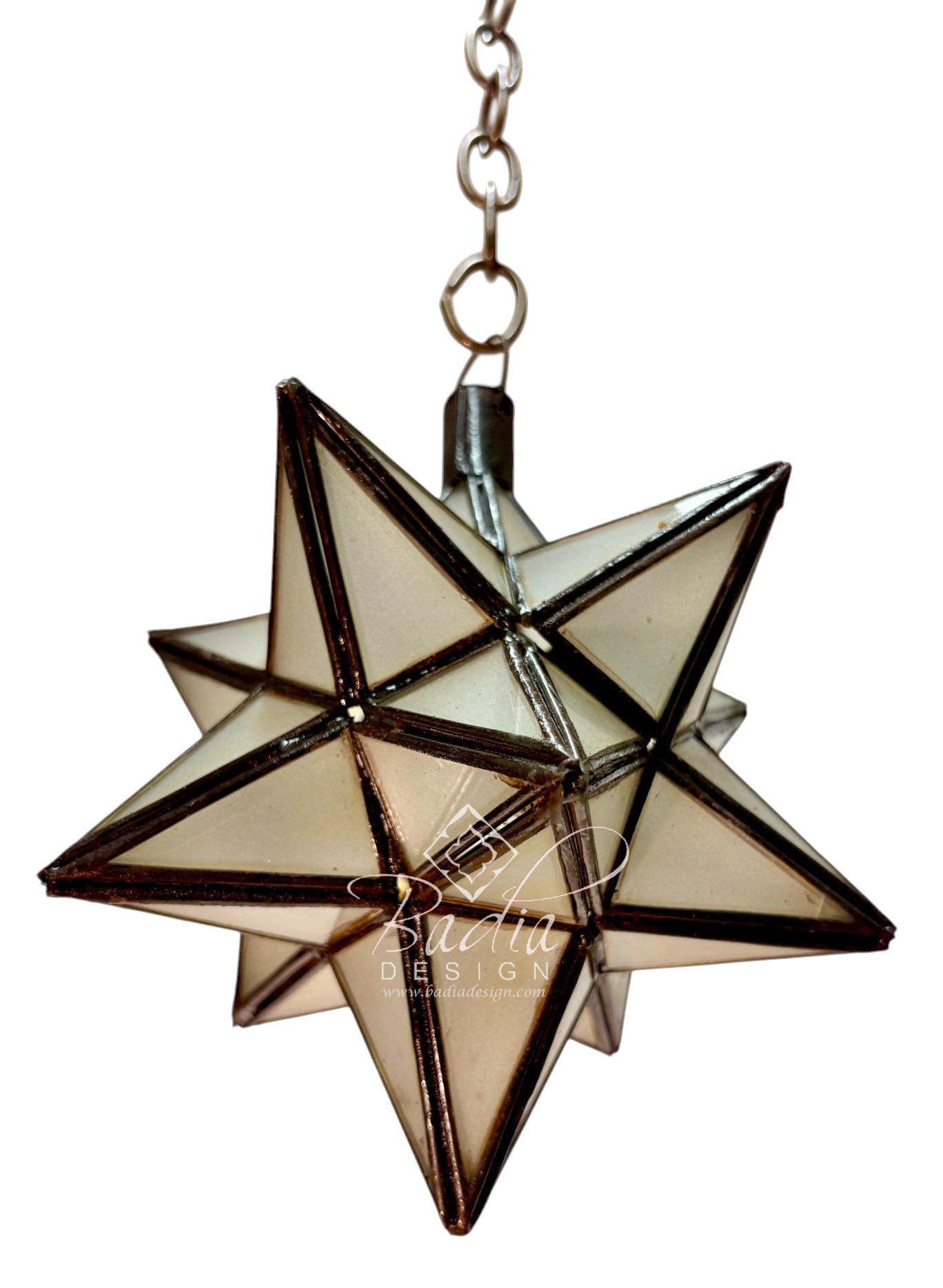 A 12-pointed star-shaped pendant light made of clear glass panels held together by dark bronze metal frames, hanging from a matching bronze chain against a white background.