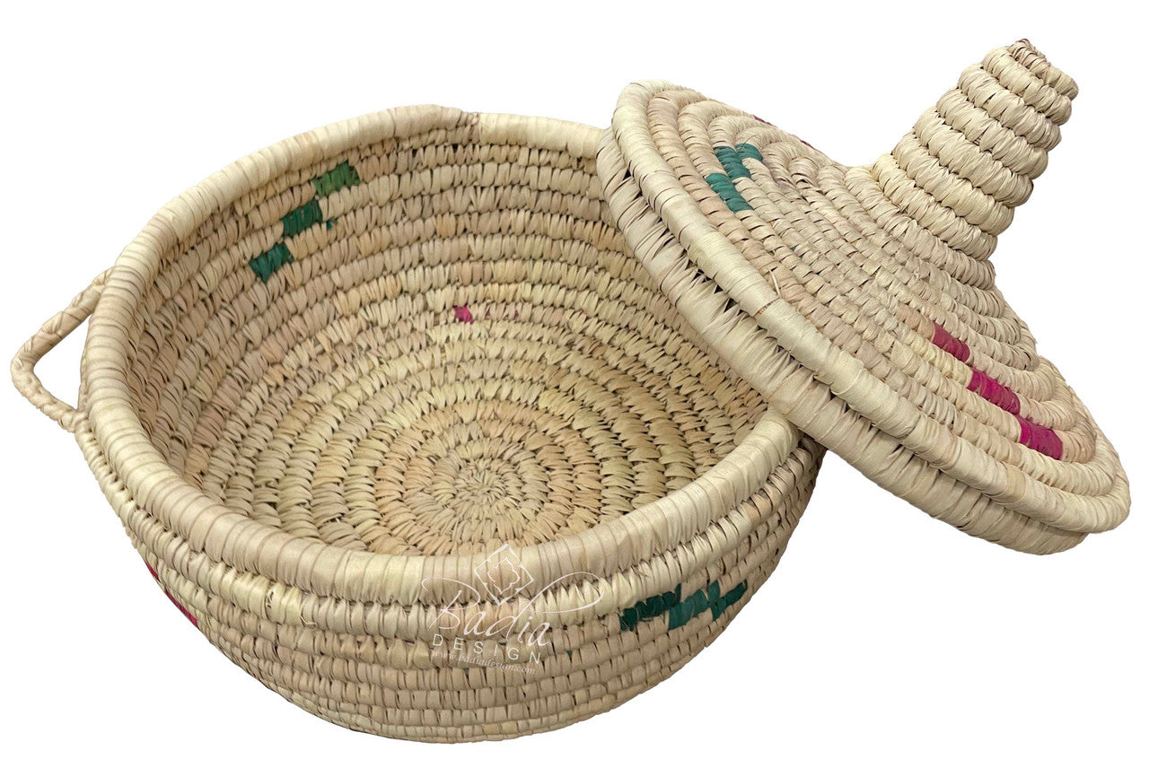 Moroccan Round Top Handwoven Straw Container with Lid with lid open