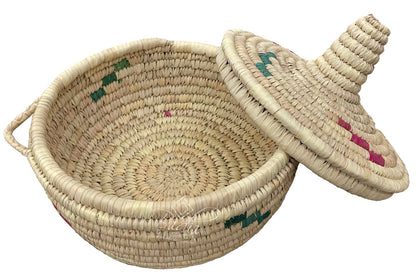 Moroccan Round Top Handwoven Straw Container with Lid with lid open