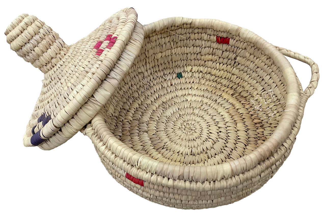 Moroccan Round Top Handwoven Straw Container with Lid with lid open