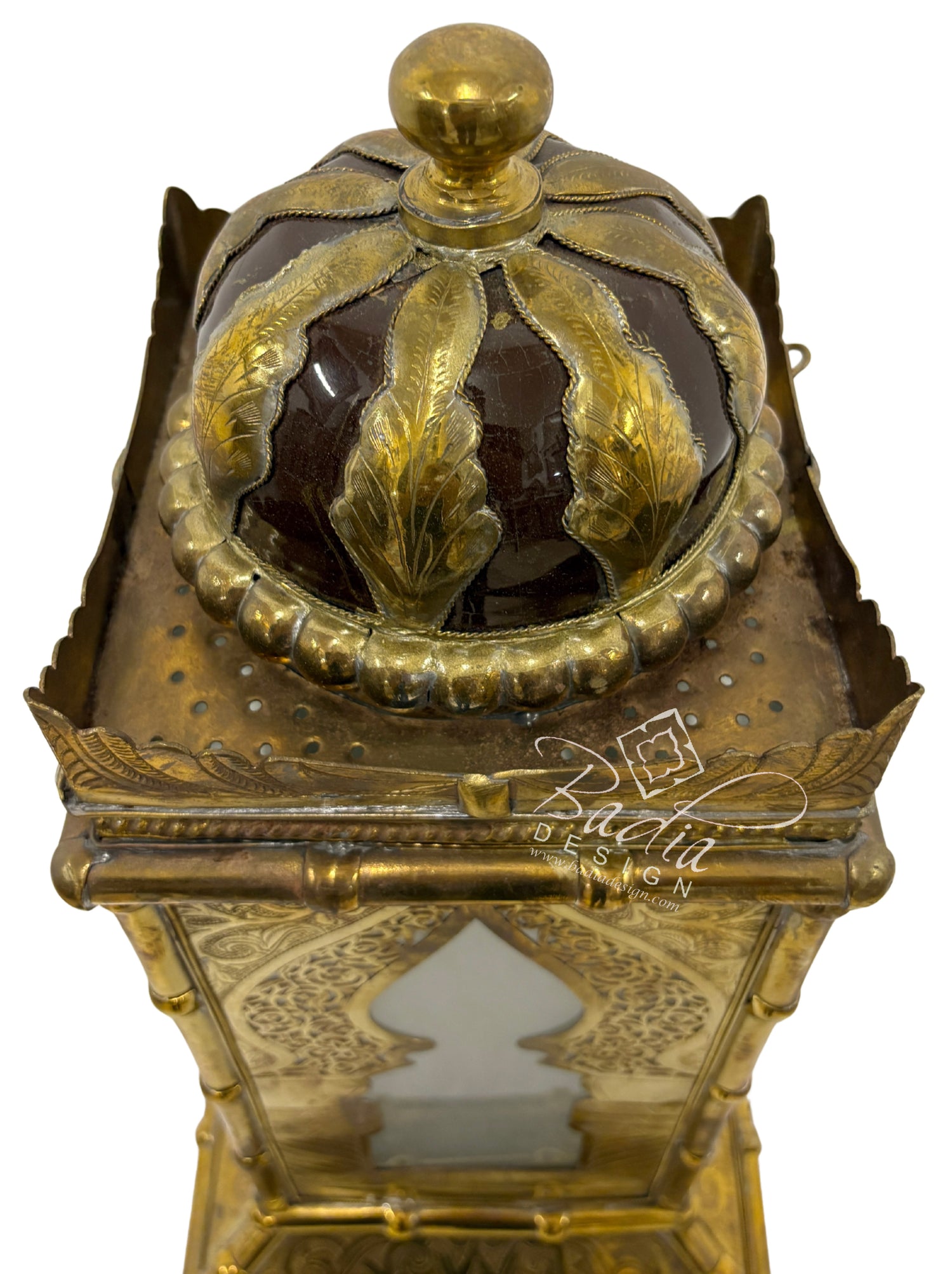 Tall Brass Floor Lantern with Burgundy Ceramic Decor