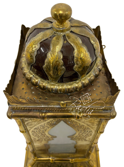 Tall Brass Floor Lantern with Burgundy Ceramic Decor