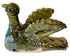 A handmade ceramic duck figurine with a textured, rustic finish, featuring a green and blue glaze over a beige clay base. The duck is shown from a side profile with wings spread, set against a plain white background with a &