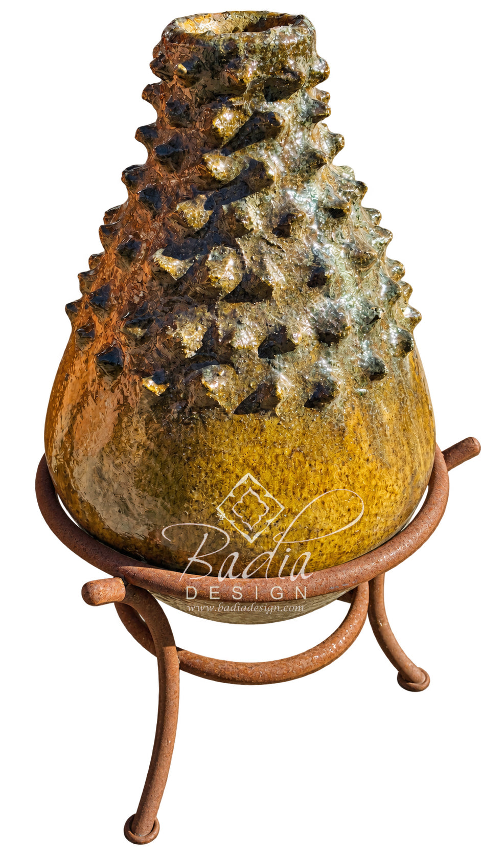 Moroccan Mustard Glazed Tamegroute Spiked Vase with Base