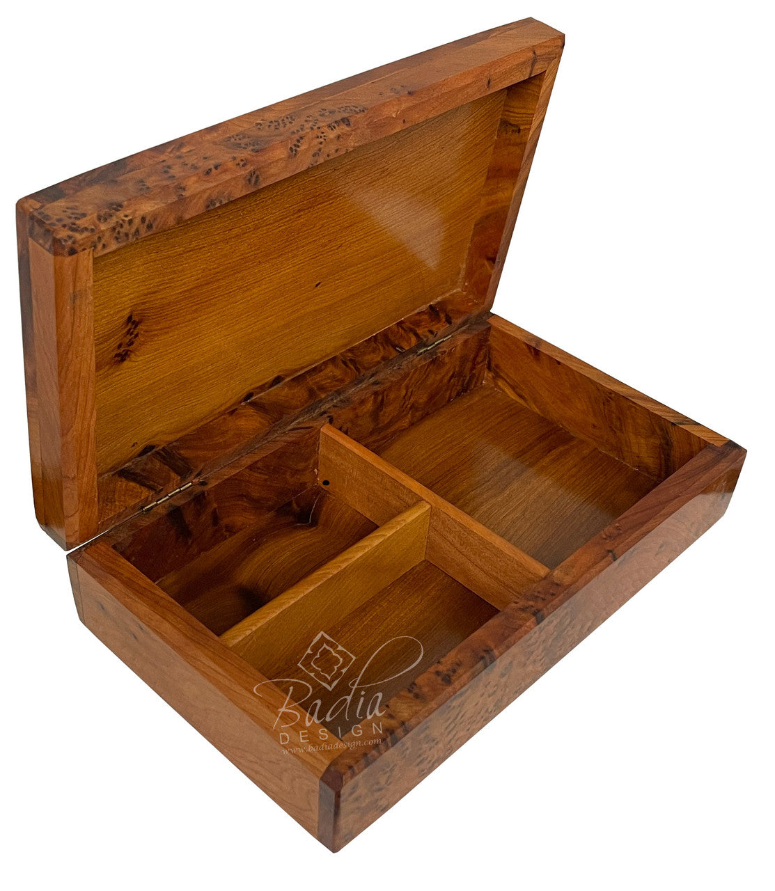 Wooden jewelry box with a lid open on a white background, featuring the Bedia Design logo.