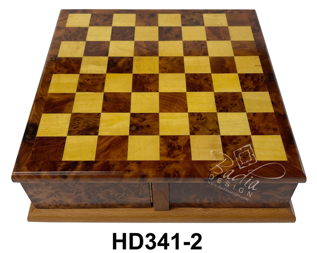 Wooden chessboard with checkered pattern on a white background, featuring the Radha Design logo.