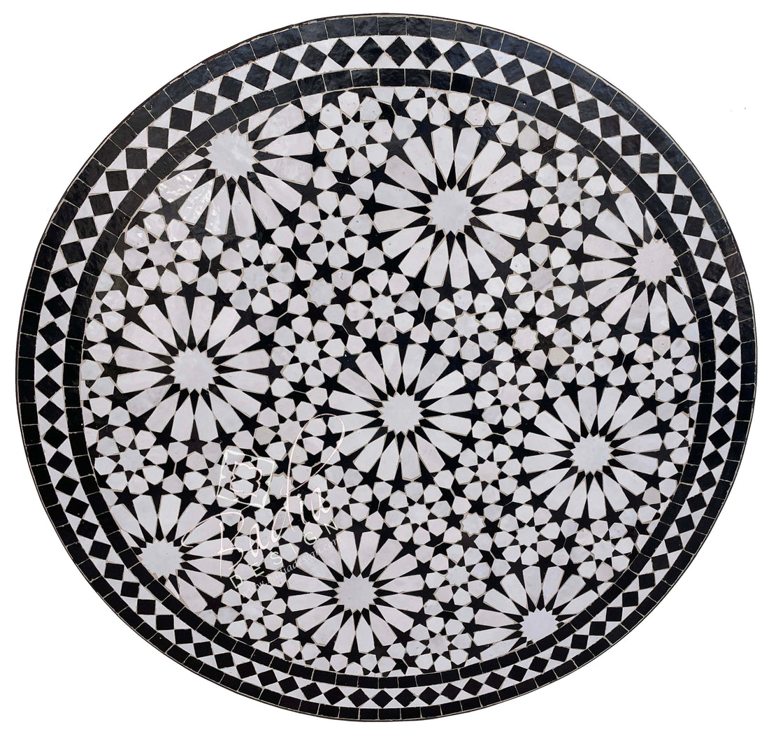 Black and White Intricately Designed Moroccan Mosaic Tile Table Top