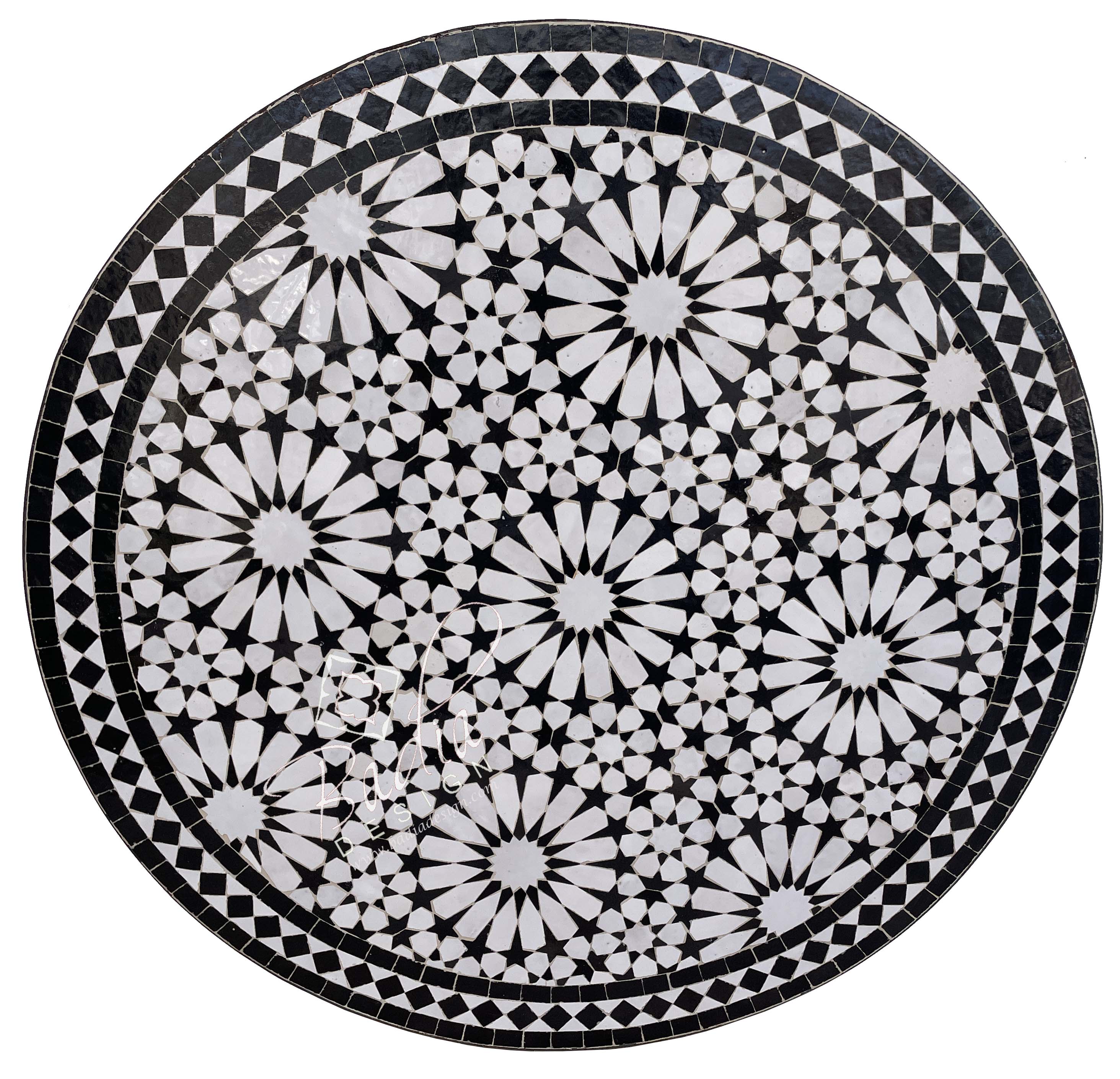 Black and White Intricately Designed Moroccan Mosaic Tile Table Top