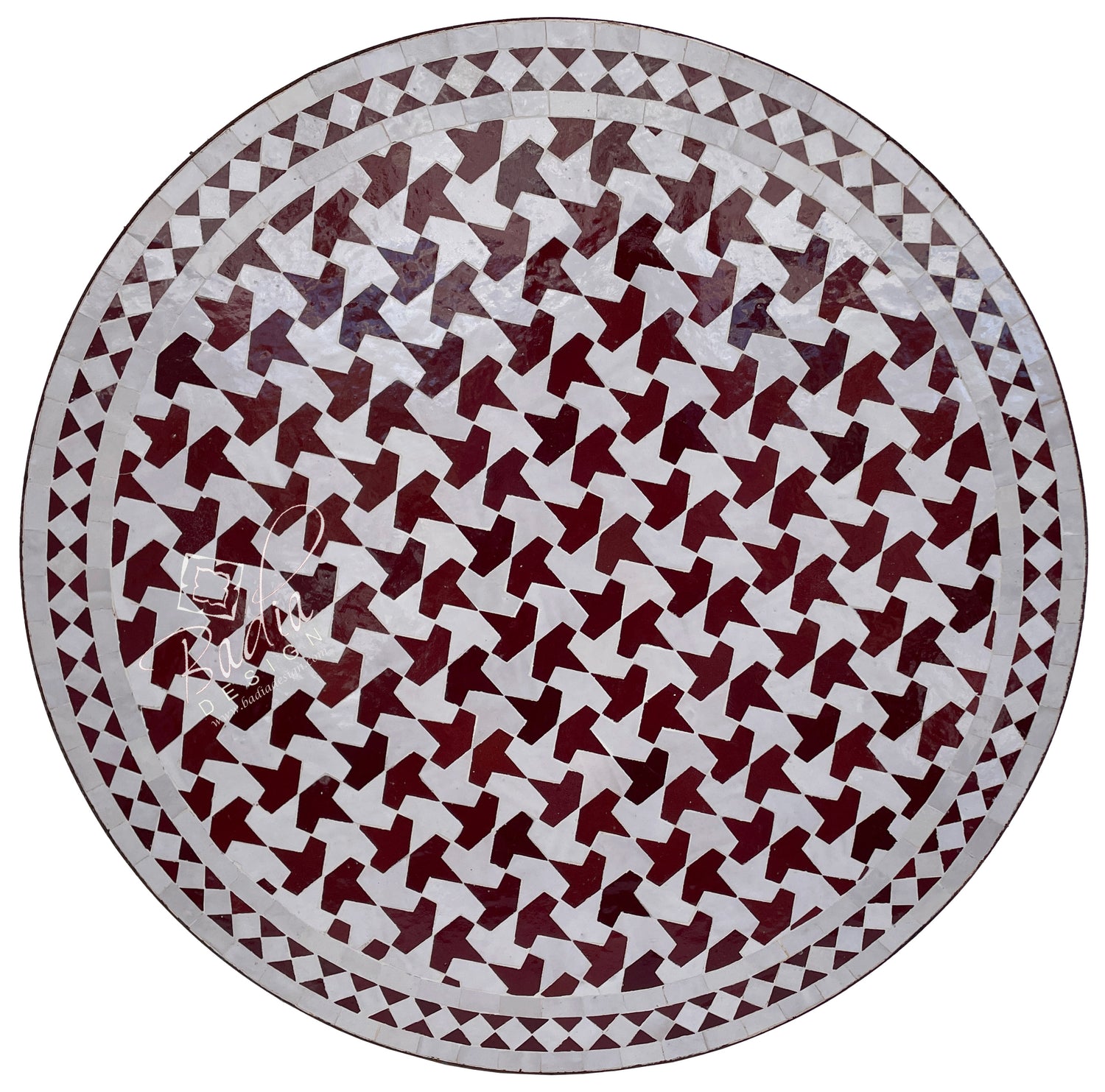Brick Red and White Ceramic Tile Table Top with Intricate Design