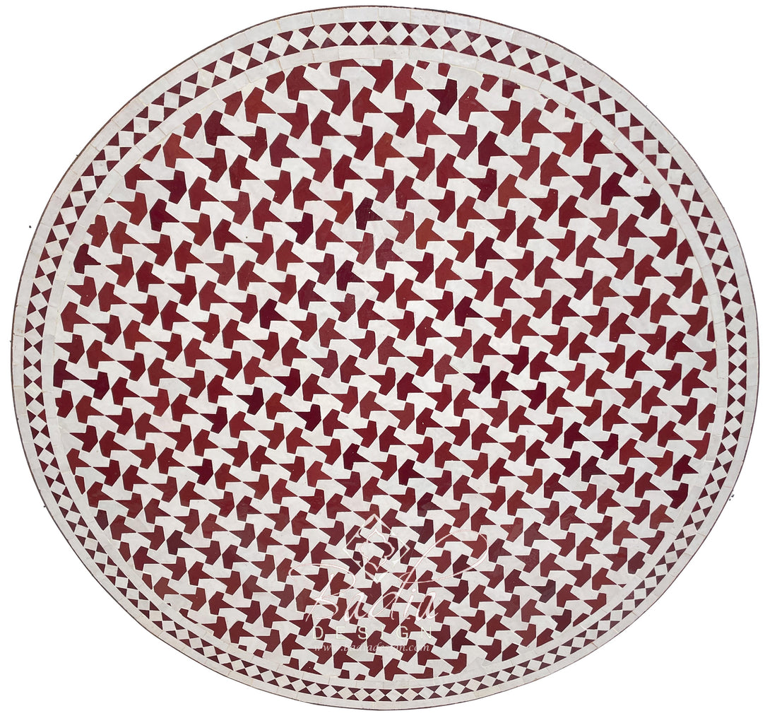 Burgundy and White Moroccan Round Mosaic Tile Table Top