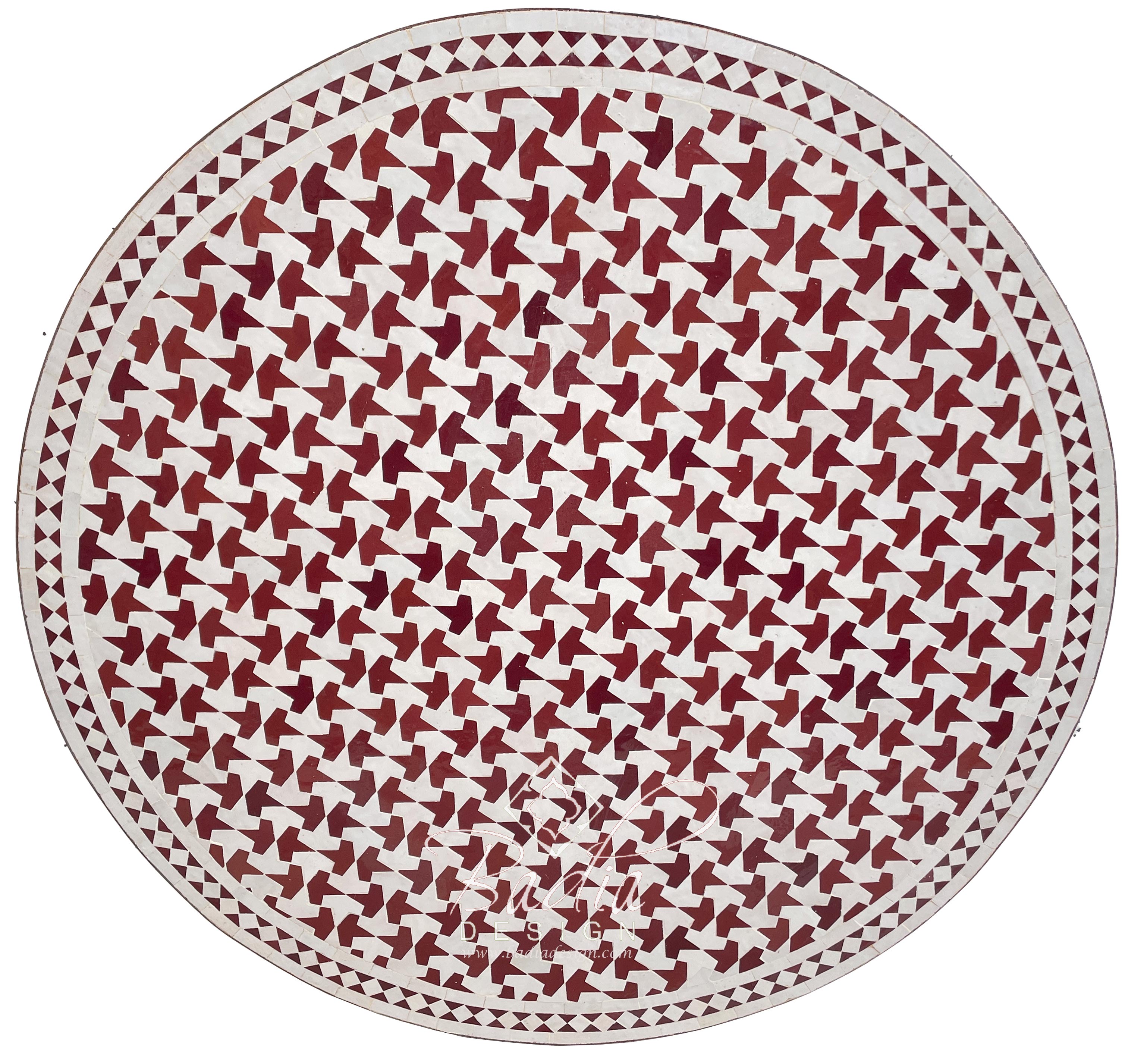 Burgundy and White Moroccan Round Mosaic Tile Table Top