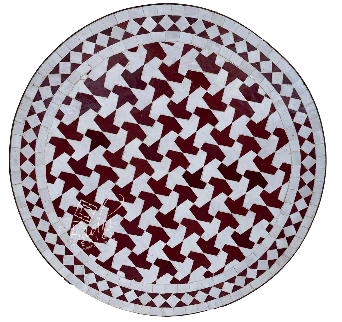 Round White and Red Intricately Designed Tile Table Top