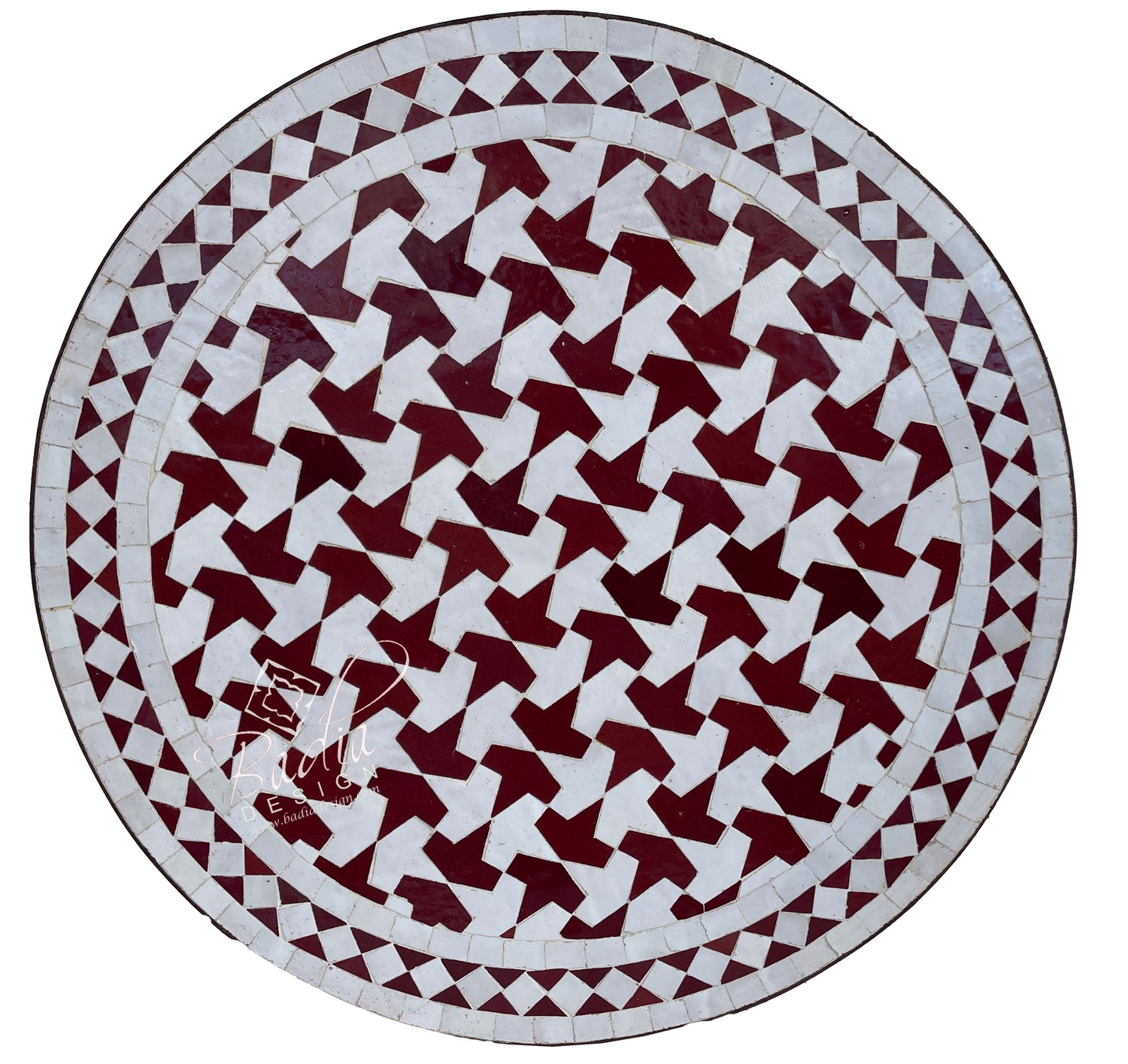 Round White and Red Intricately Designed Tile Table Top
