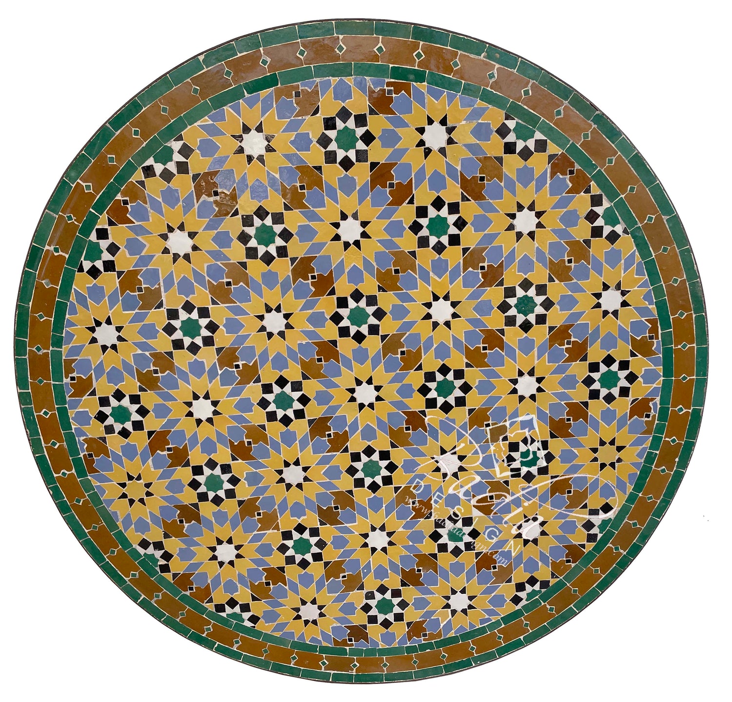 Round Moroccan Green and Beige Mosaic Tile Table Top