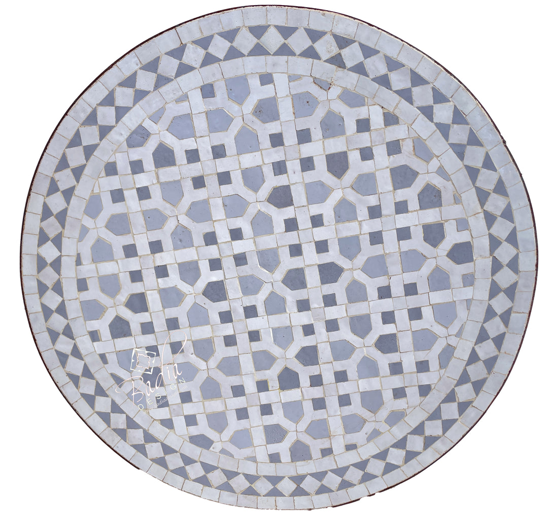 Round Gray and White Tile Table Top with Geometric Designs