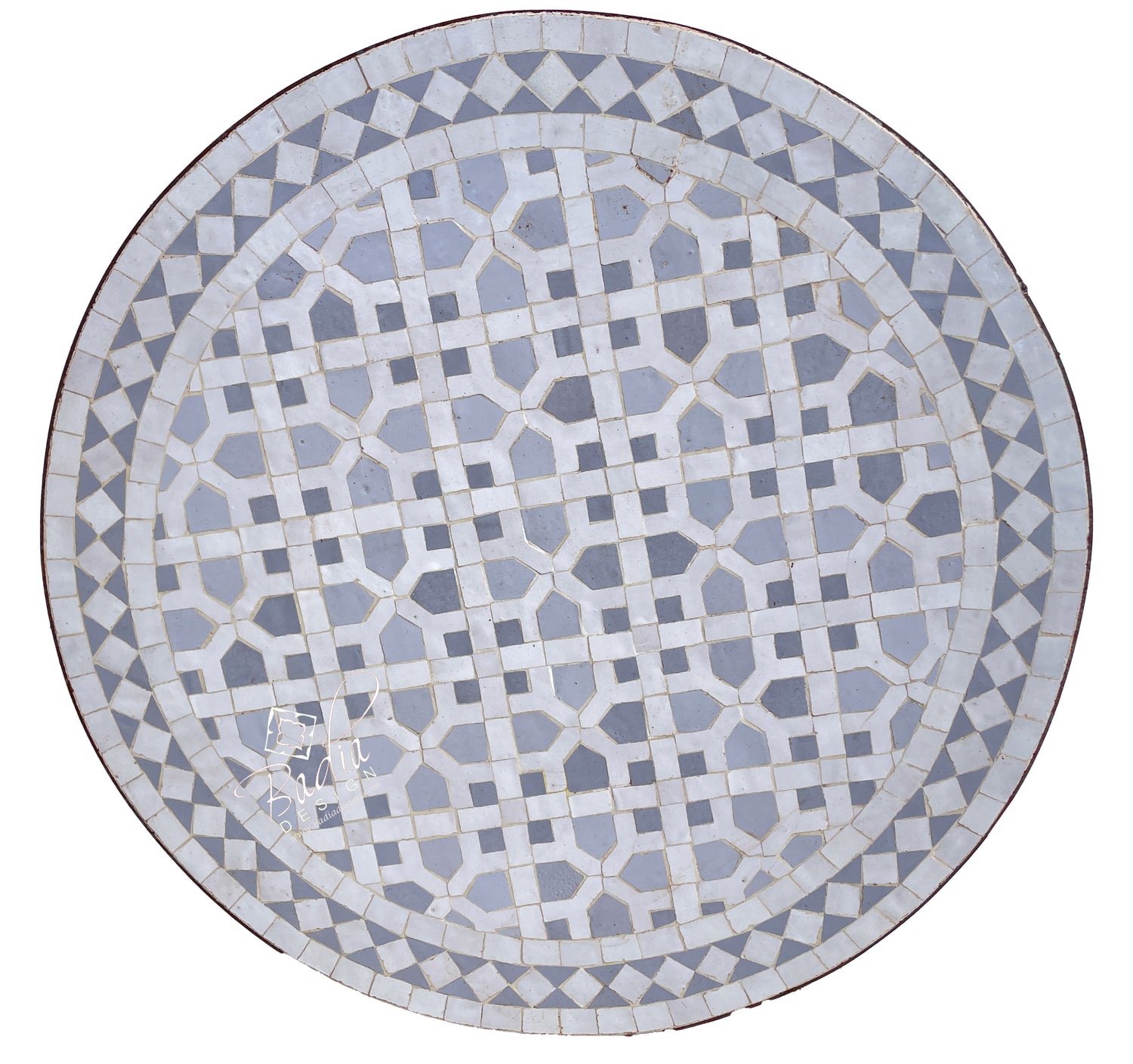 Round Gray and White Tile Table Top with Geometric Designs