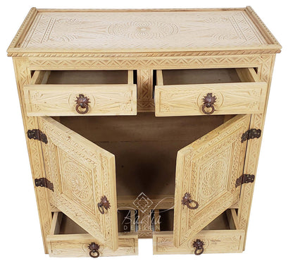 Unstained Hand Carved Wooden Cabinet