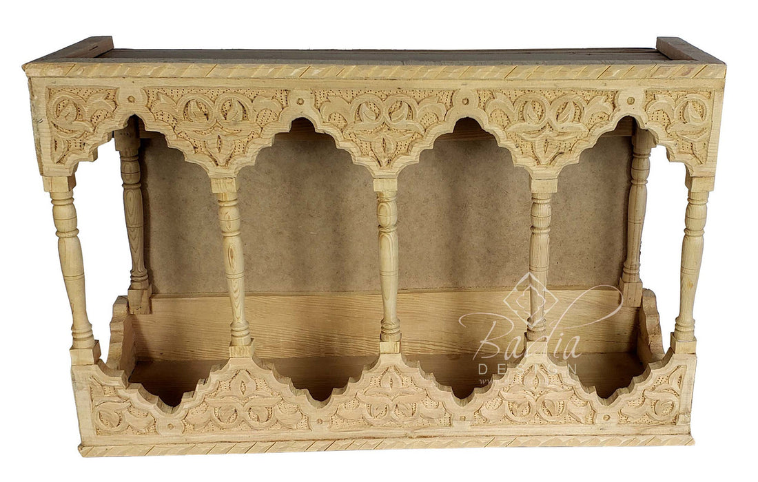 Moroccan Unstained Hand Carved Wooden Shelf