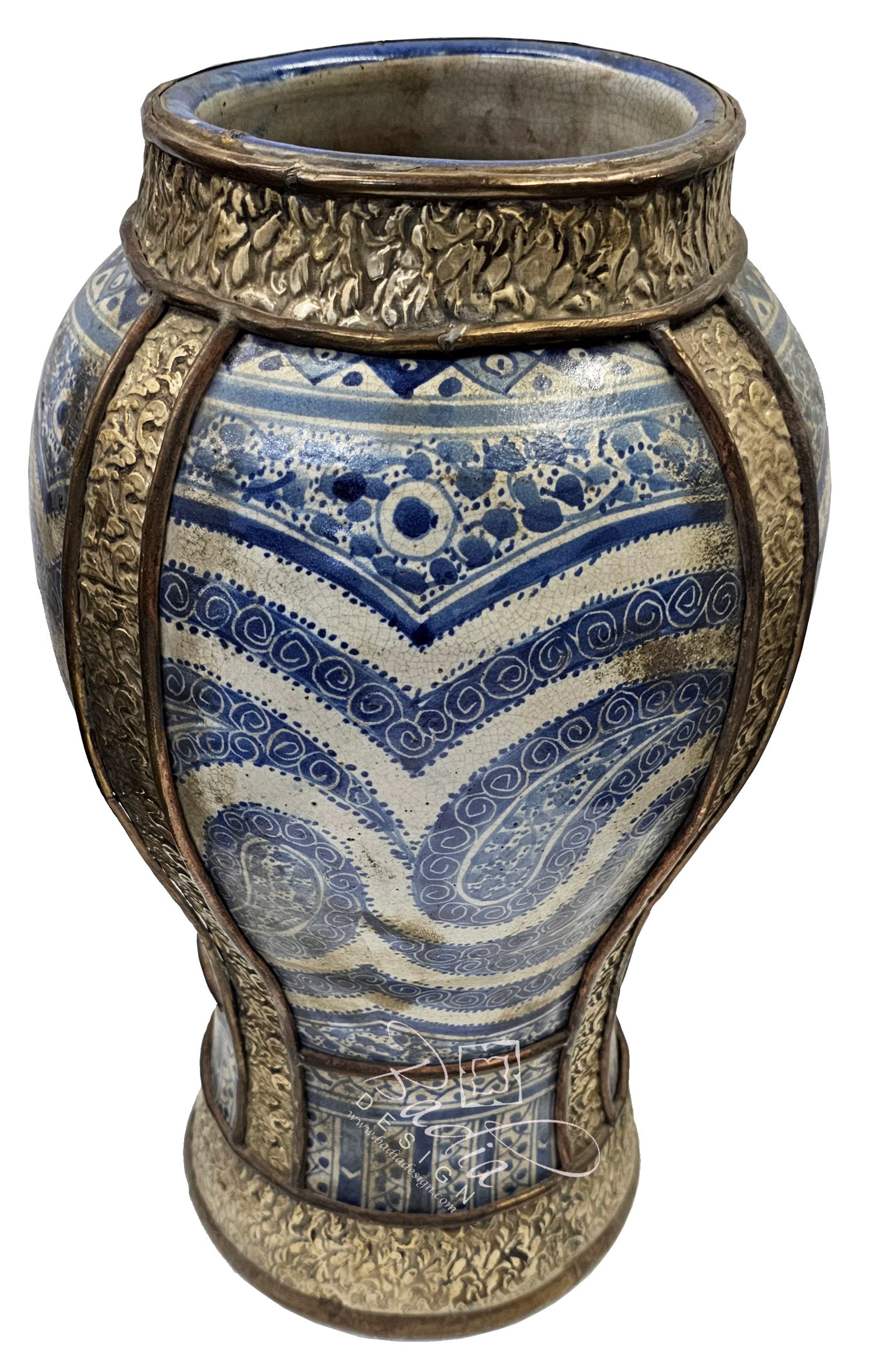 Moroccan Blue and White Vintage Metal and Ceramic Urn