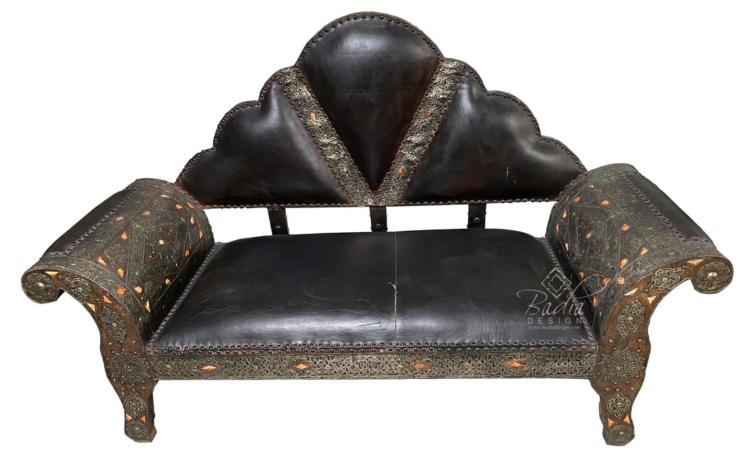 Vintage Embossed Metal Bone Inlay Bench with Leather Seat