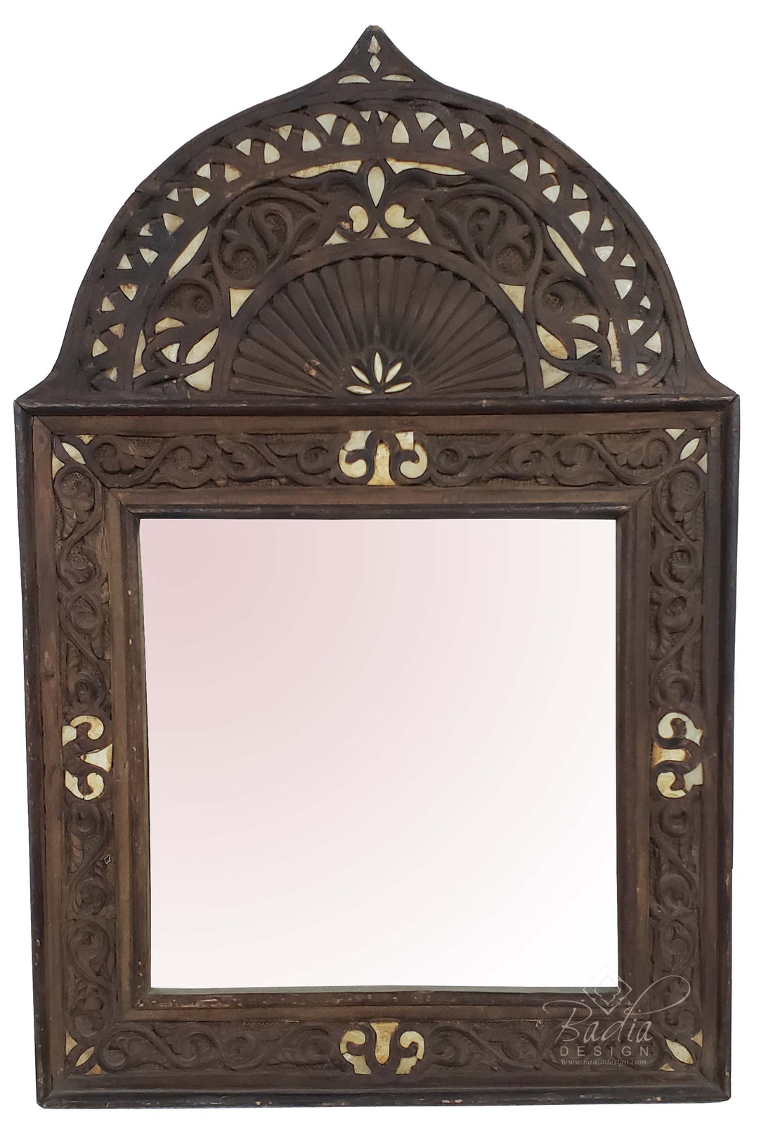Moroccan Vintage Hand Carved Wooden Mirror with Bone Inlay