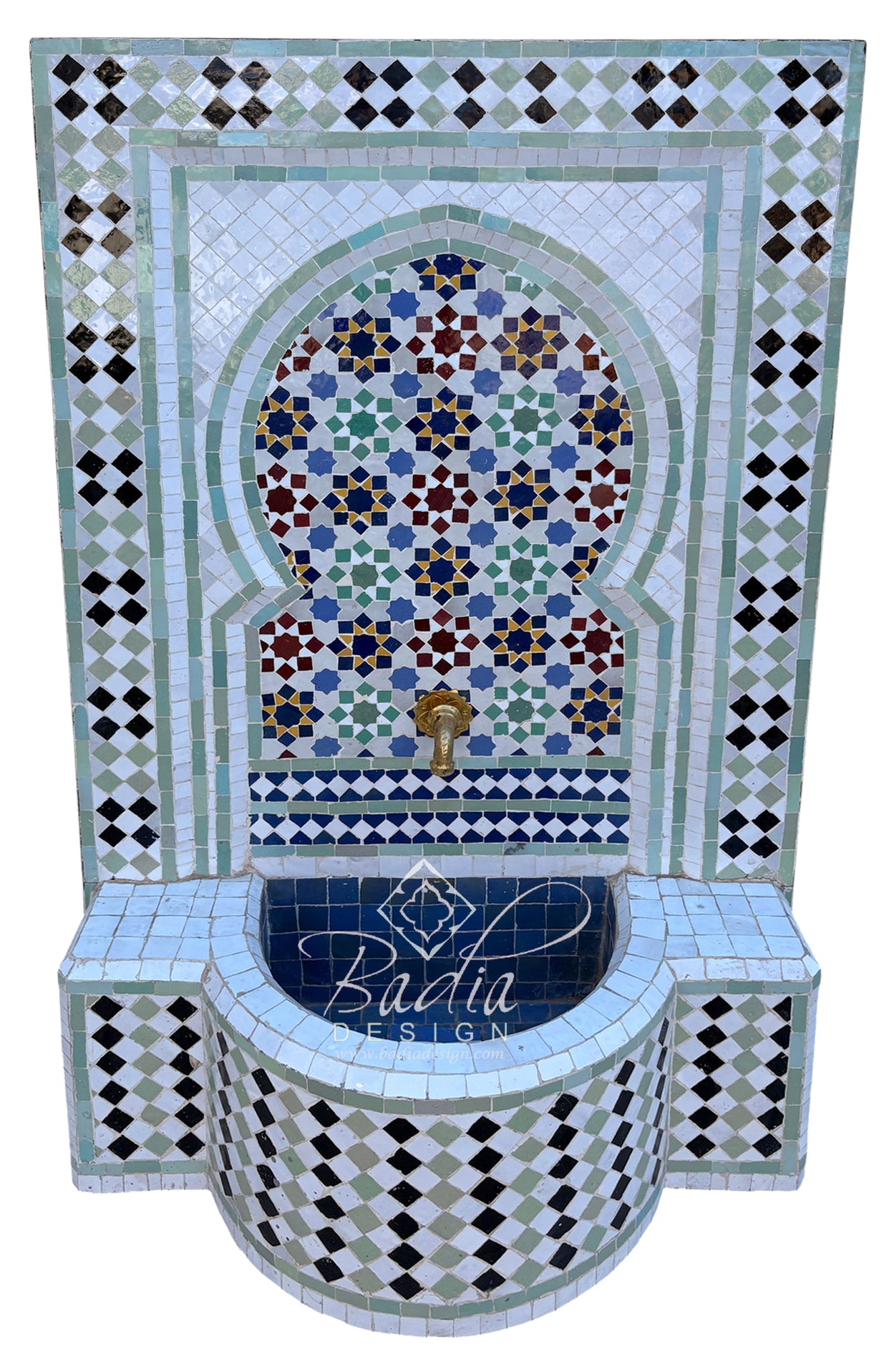 Moroccan White Multi-Color Tile Wall Fountain with Inner Arch