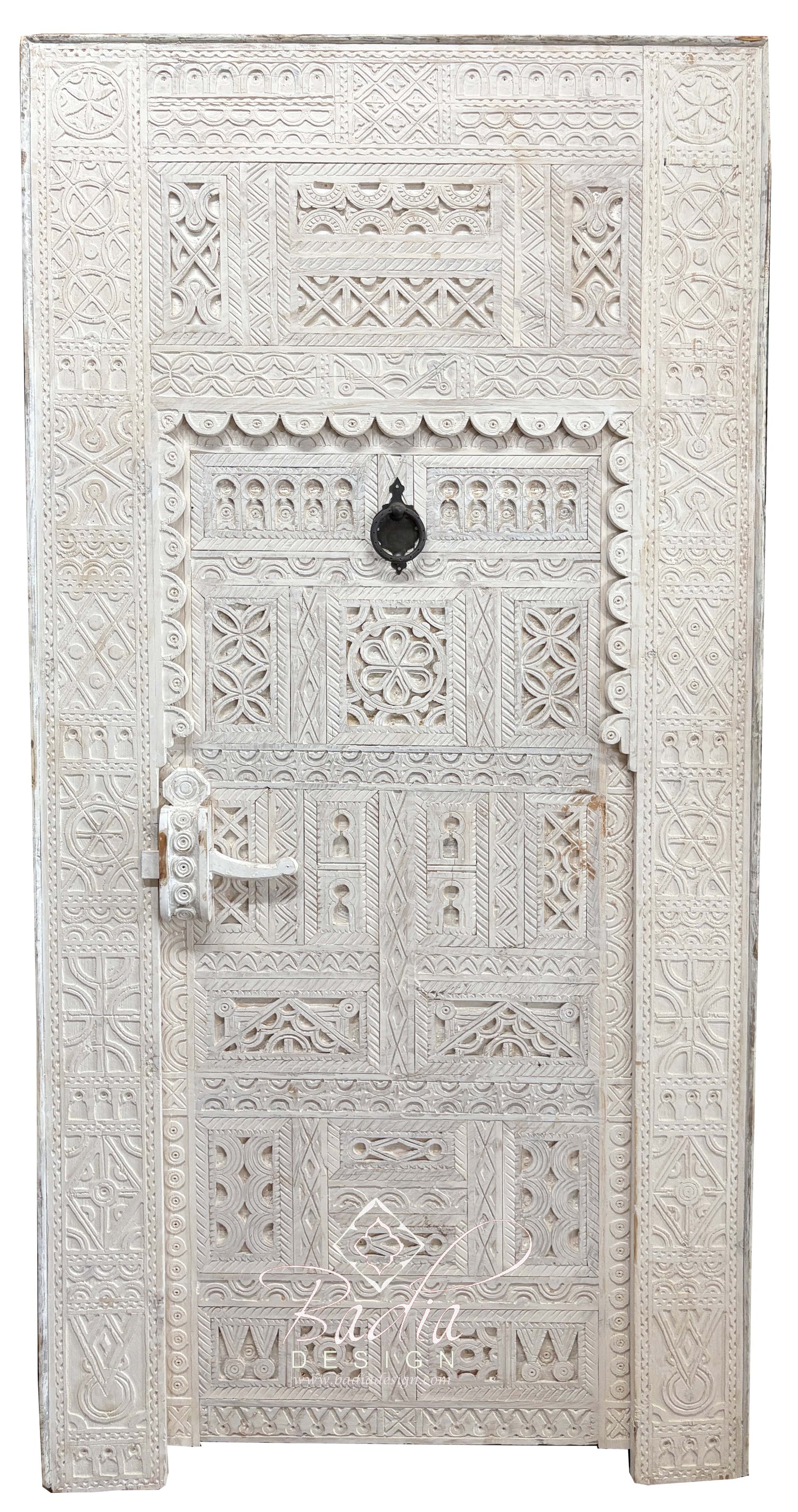 White Moroccan Wooden Door with Hand Carved Geometric Detail