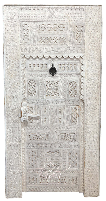 White Moroccan Wooden Door with Hand Carved Geometric Detail