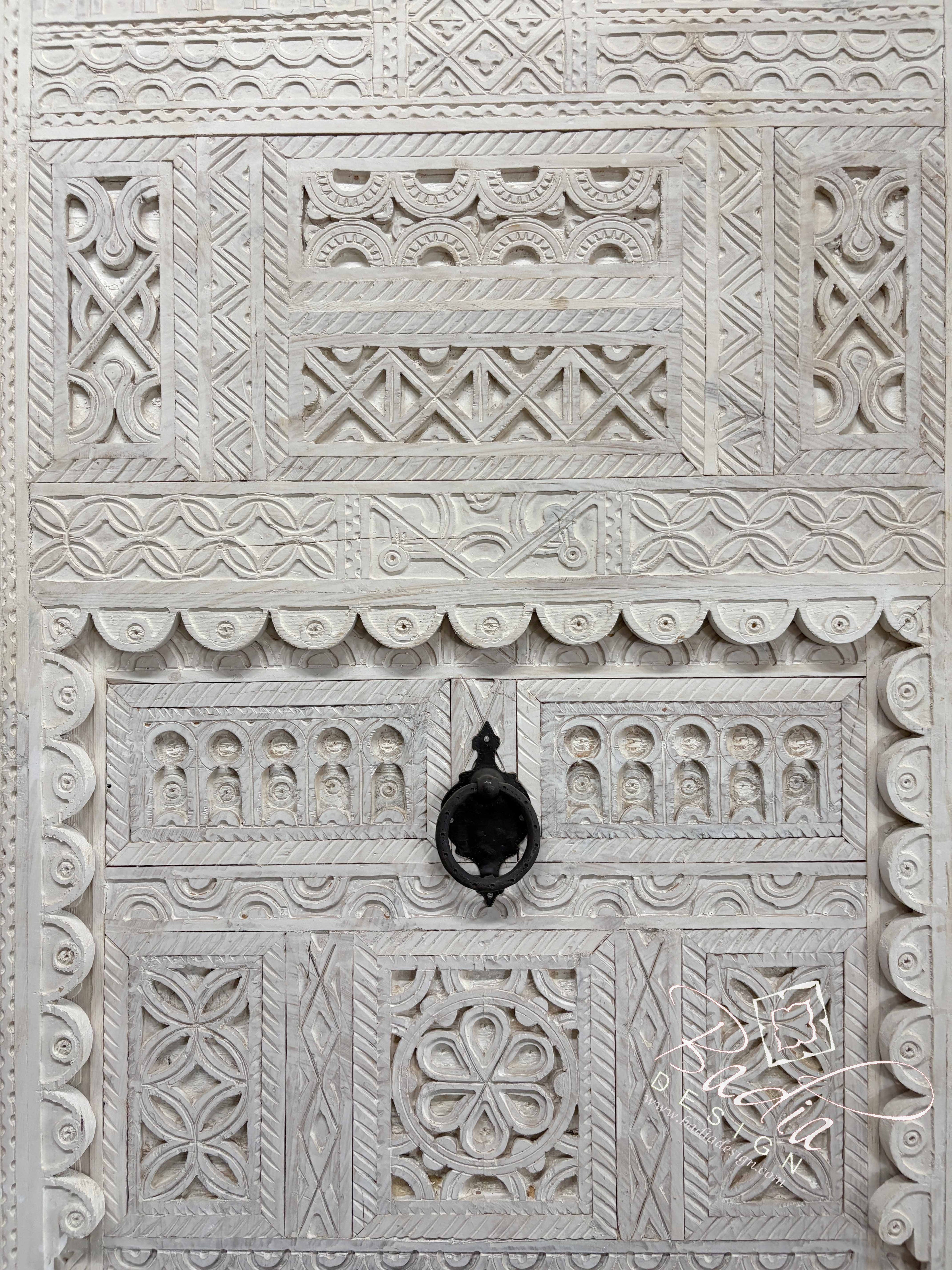 White Wooden Door with Hand Carved Geometric Detail