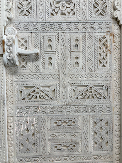 White Wooden Door with Hand Carved Geometric Detail