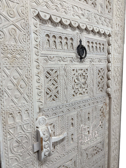 White Wooden Door with Hand Carved Geometric Detail