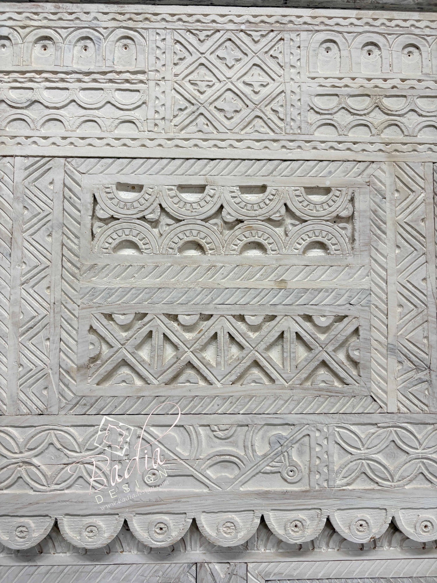 White Wooden Door with Hand Carved Geometric Detail