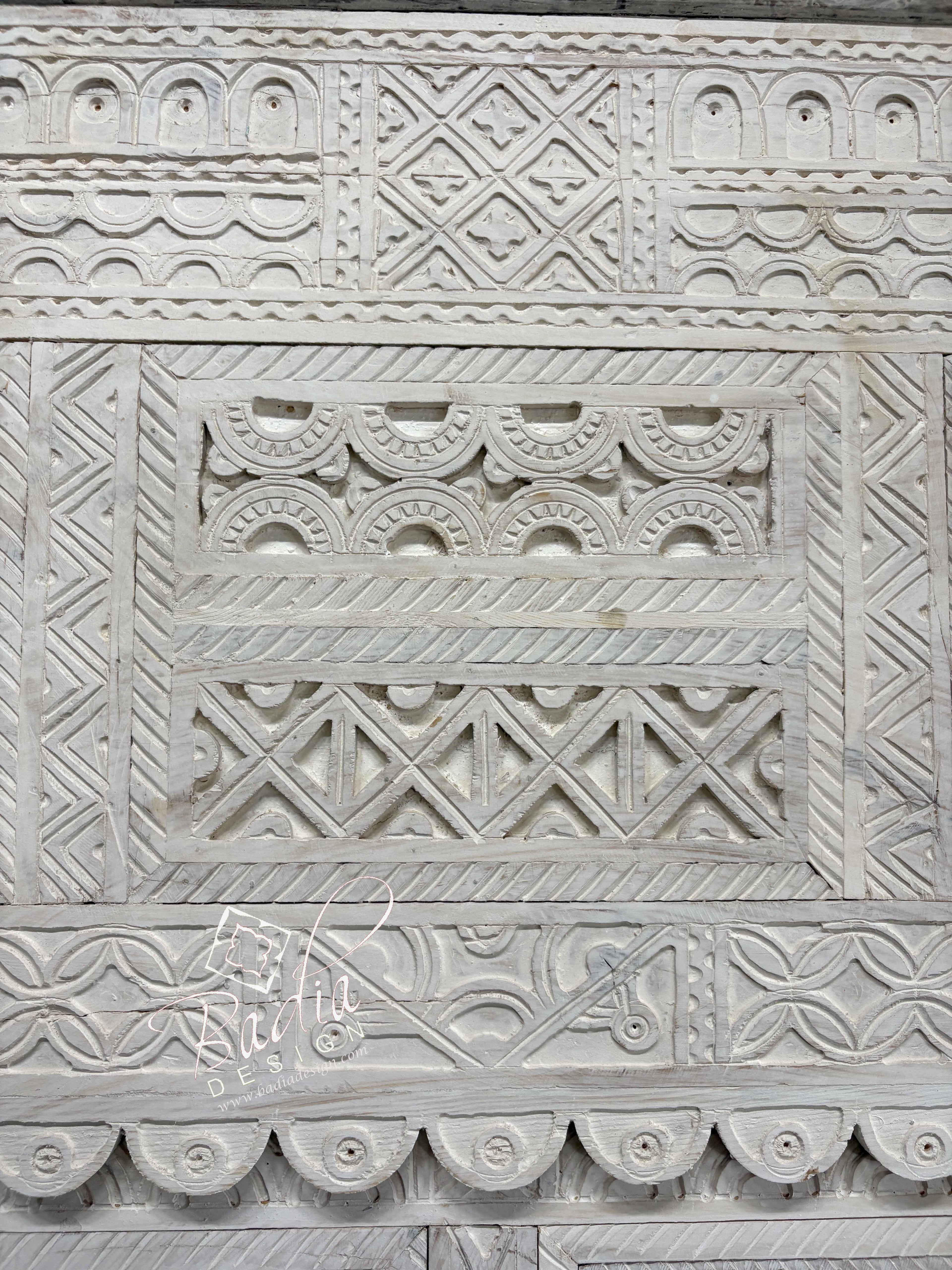 White Wooden Door with Hand Carved Geometric Detail