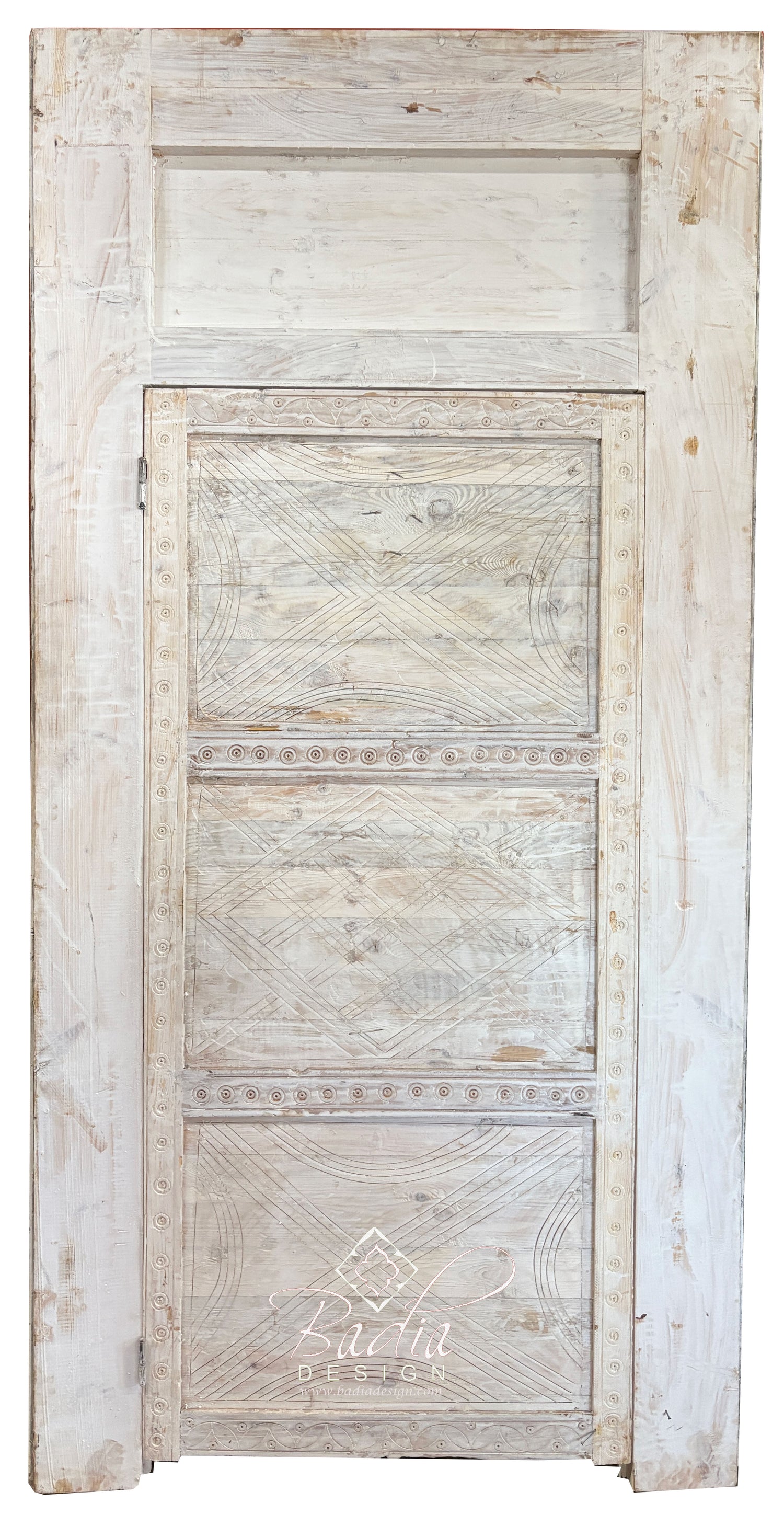 White Wooden Door with Hand Carved Geometric Detail