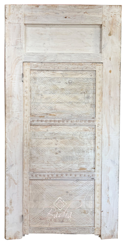 White Wooden Door with Hand Carved Geometric Detail