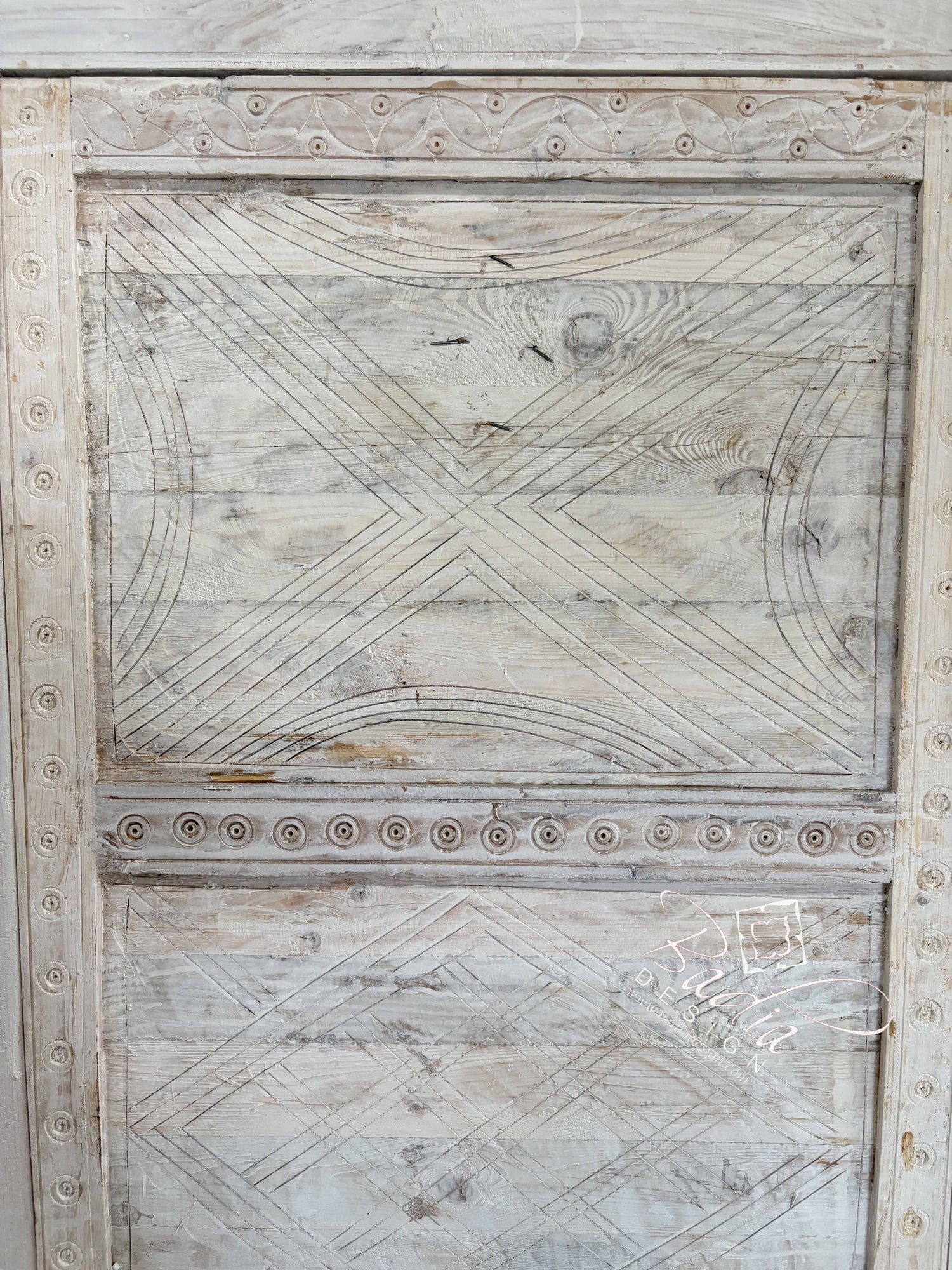 White Wooden Door with Hand Carved Geometric Detail
