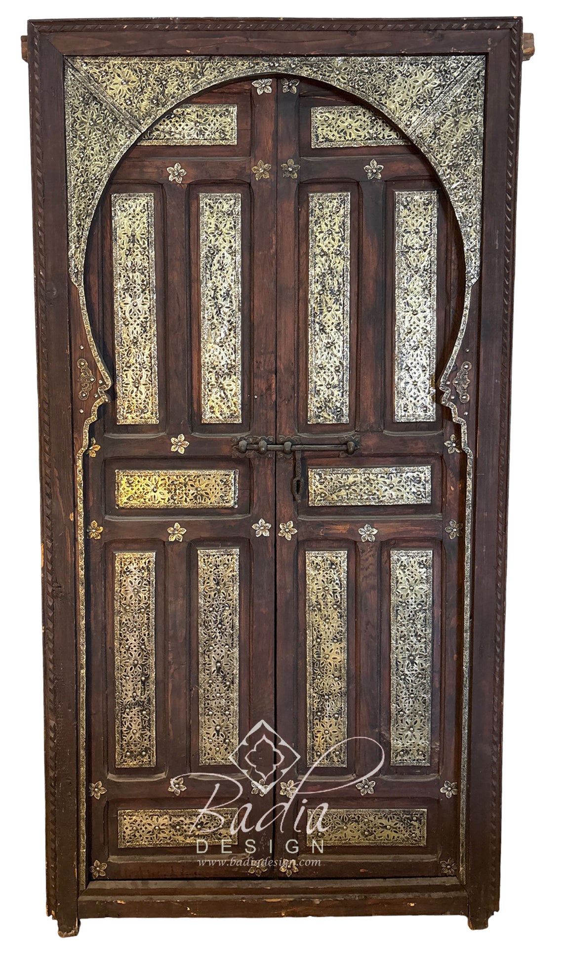 Moroccan Arched Wooden Double Door with Intricate Metal Design