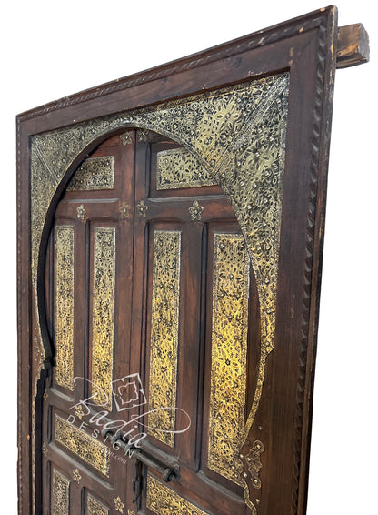 Arched Wooden Double Door with Intricate Metal Design