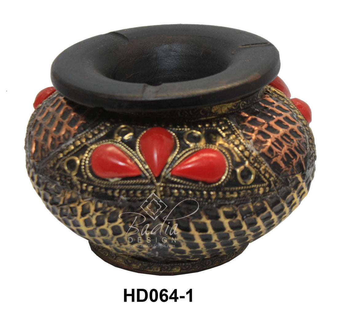 Moroccan Embossed Metal Ashtray with Bone Inlay