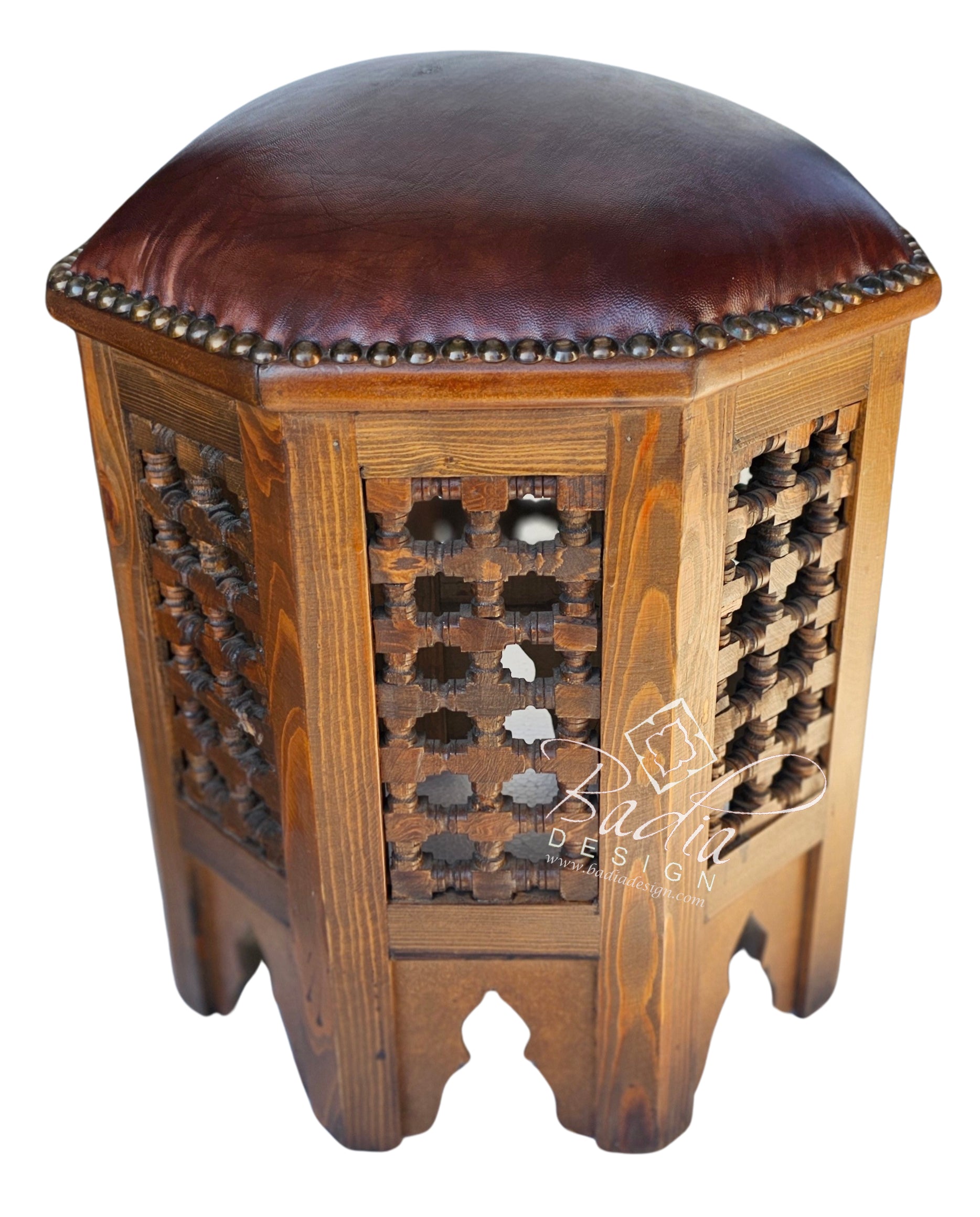 Wooden Stool With Leather Seat Cover