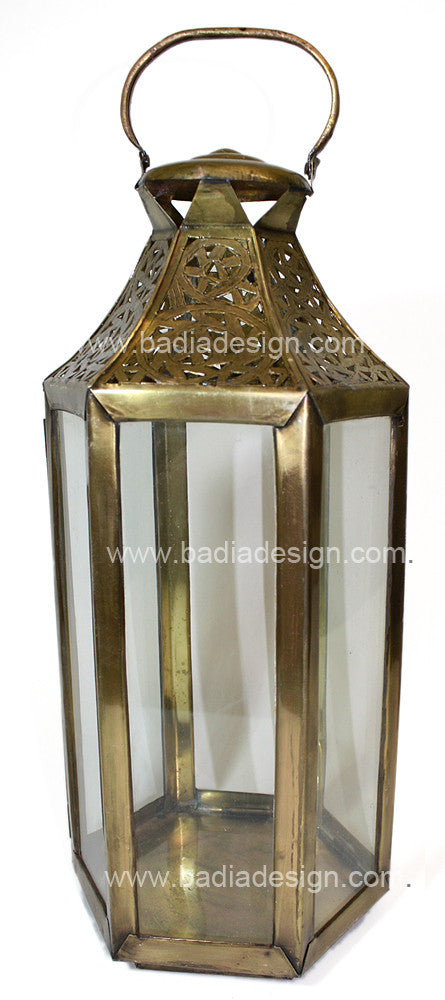 Intricately Designed Moroccan Brass Floor Lantern with Clear Glass